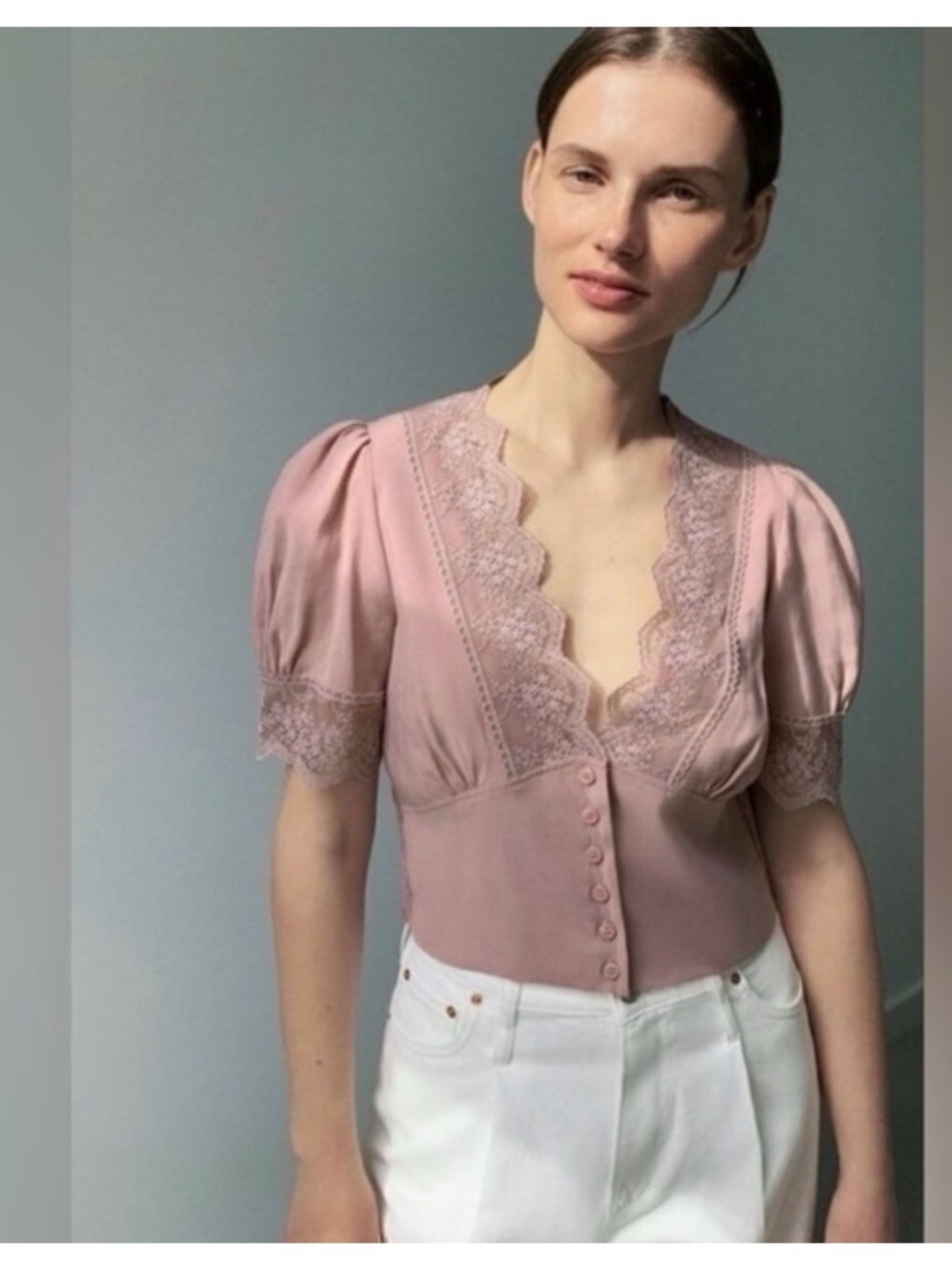 Zara Dusty Rose Lace Trim Button-Front Blouse XS